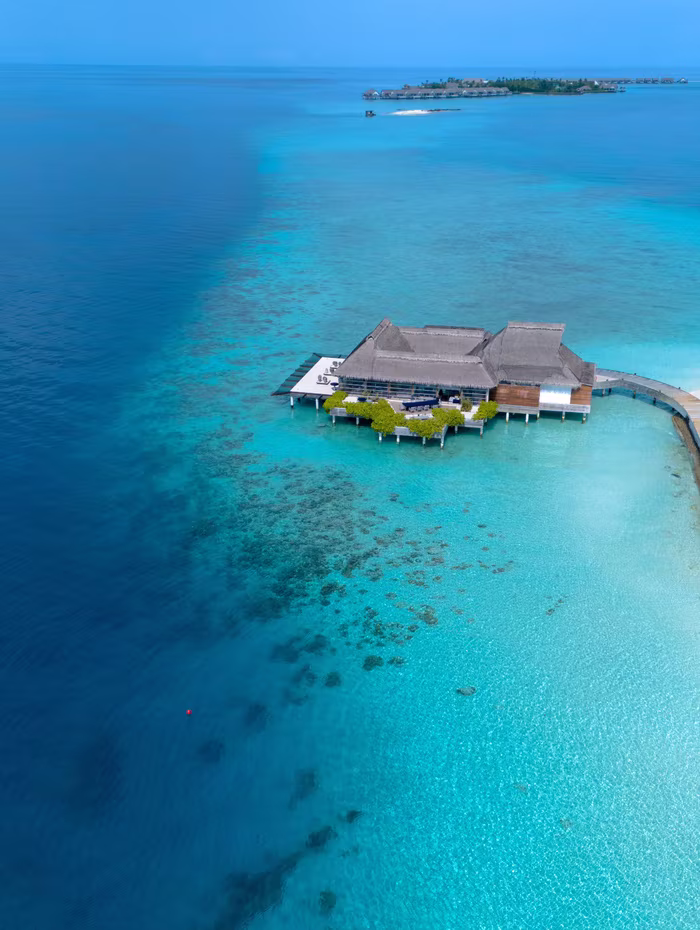 An overwater restaurant on the reef edge, seen from the air
