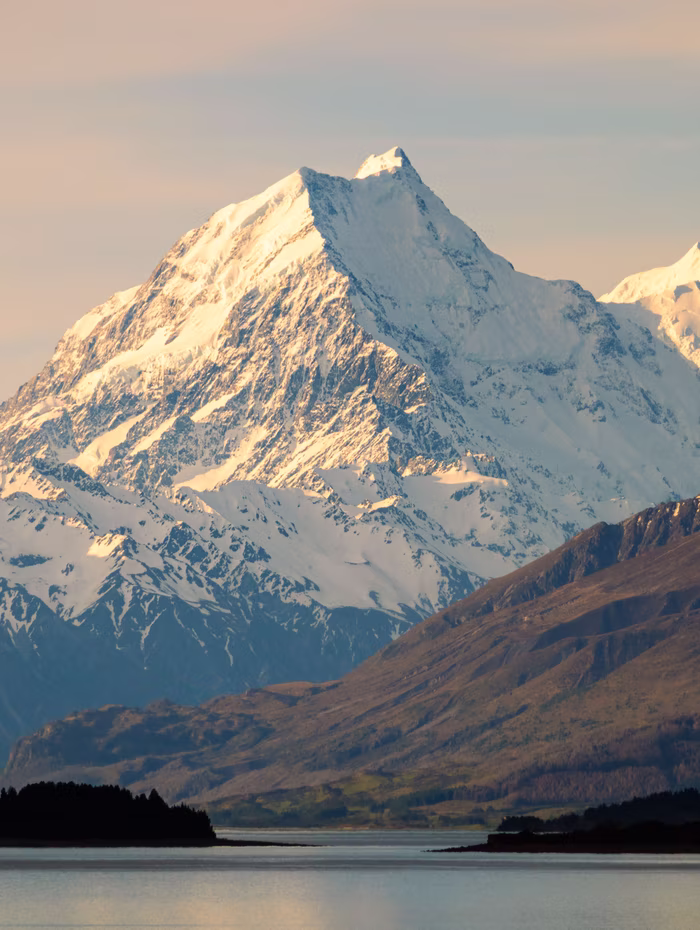 Aoraki / Mount Cook above Lake Pukaki at golden hour